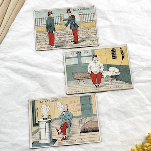 1900s - Set of 3 Antique French Advertising Cards – La Kabiline Fabric Dye – Humorous Military Scenes