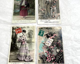 Década de 1900 - Postales francesas antiguas - Mujeres elegantes y flores