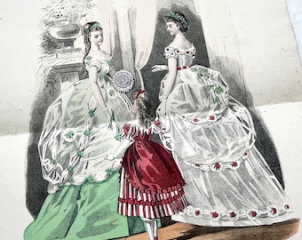 1860s - French Fashion Plate - Women's Gowns and Child's Dress