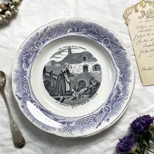 1890s - Antique French Gien Plate – &quot;The Maid Feeds the Poultry&quot; – Purple Transferware Plate - End of 19th century