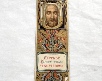Late 19th - Antique Holy Face Prayer Card - Religious Bookmark with Latin Inscription - Devotional Art from Paris, France