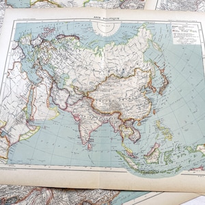 1910年代 - アジアの古地図4枚 - フランス地図帳、1910年頃 - ロシア、中国、インド、インドシナ - ヴィンテージ地図 - 46 x 37 cm