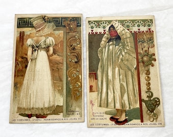 1900s - 2 French Chromo Trade Cards - Costume Series - Parisian Empire 1813 - Tunisian 19th Century - Vintage Advertising Collectibles