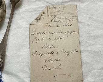 Década de 1900 - Menú francés antiguo escrito a mano - Gastronomía histórica - Menú elegante de 1906 - La cocina francesa clásica al descubierto