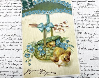 1900s - Easter - Beautiful French postcard of two small chicks and beautiful blue flowers