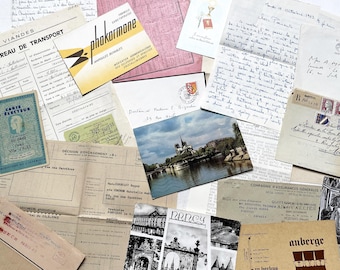 Década de 1960 - Lote de efímeros de papel franceses vintage - Cartas - Postales - Documentos históricos - Publicidad - Recibos - Álbumes de recortes y diarios