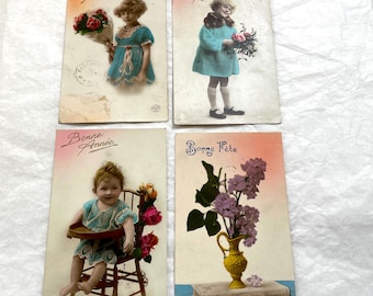 Década de 1910 - Lote de postales francesas - Tarjetas antiguas con motivos infantiles y florales