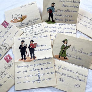 1950s - 4 Vintage French Children’s Letters – 1950s Handwritten Notes with Envelopes – Illustrated Stationery – Tintin Style Art