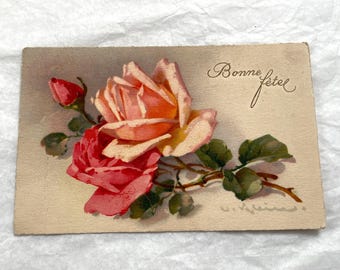 1920s - Antique French Postcard - Pink & Red Roses - Bonne Fête