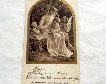 1900s - Vintage Religious Devotional Card - Madonna and Child with Angels - Antique French Prayer Card - Art Print