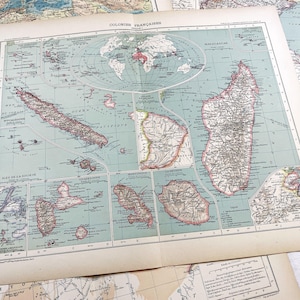 1910s - 4 Large Maps - French Colonial Empire Maps Set - 1910s Atlas Prints - Africa, Asia, Oceania History
