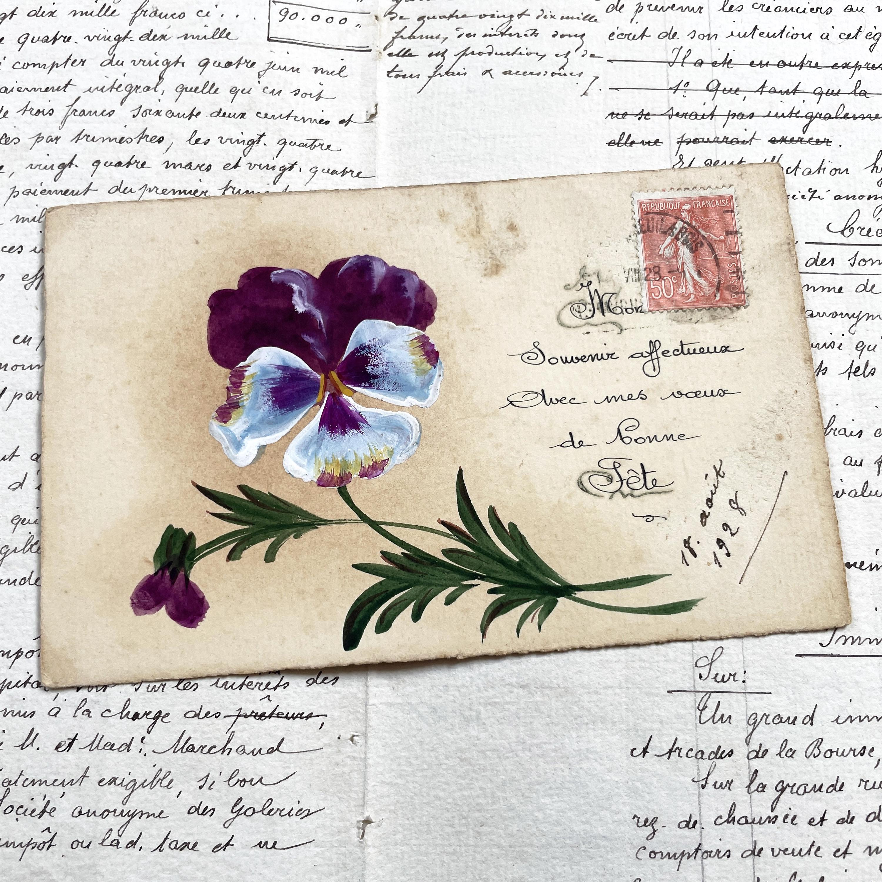 1920s - French Hand-painted Postcard With a Flower and a Few