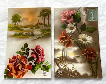 1920s - French Postcard Lot - Embossed Flowers - Rustic Village Scene