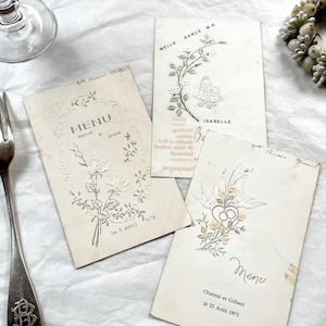 Década de 1970 - 3 cartões de menu franceses vintage - lembranças de casamento e comunhão dos anos 1970 - designs florais em relevo - itens efêmeros franceses