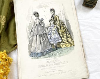 1880s - Exquisite French Fashion Plate - Journal des Demoiselles Paris - Victorian Era Couture Illustration - Hand-Colored Print