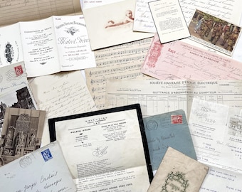 Década de 1930 - Auténtica colección de documentos efímeros franceses - Lote de papel antiguo - Técnica mixta - Cartas - Facturas - Postales - Documentos históricos