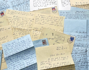 1960s - Sets of 10 letters between a French couple - Letters in their envelopes with white, blue and yellow papers and envelopes