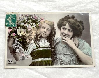 1900s - French Postcard - Woman & Girl with Flowers - Hand-Colored Photo