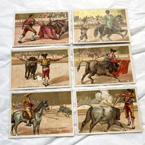 Década de 1890 - Seis cromos franceses da loja "La Belle Jardinière" em Dijon - Fim do século XIX - Cartões comerciais sobre as touradas