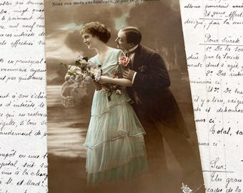 1910s - Romantic French Sepia Tone Postcard - Belle Epoque Love - Tinted Couple Portrait - Charming Vintage Photography