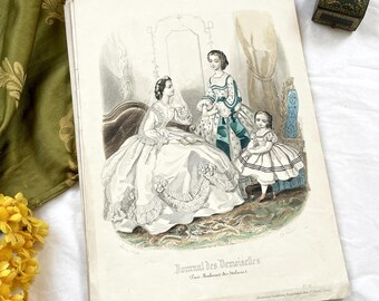 1860s - Exquisite Original French Fashion Print from Journal des Demoiselles - Victorian Era Gown Illustration - Elegant Women and Child