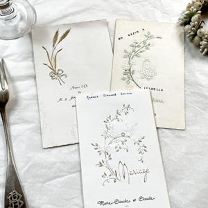 Década de 1970 - 3 tarjetas de menú francesas vintage - Recuerdos de boda y comunión de la década de 1970 - Diseños florales en relieve - Efímera francesa