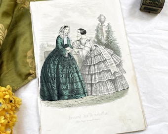 1850s - Authentic French Fashion Plate from Journal des Demoiselles - Original Hand-Colored Engraving - Victorian Style Illustration Paris