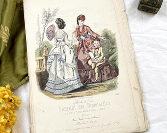 1870s - Exquisite Hand-Colored French Fashion Plate - Journal des Demoiselles - Elegant Crinoline Dresses and Children's Wear