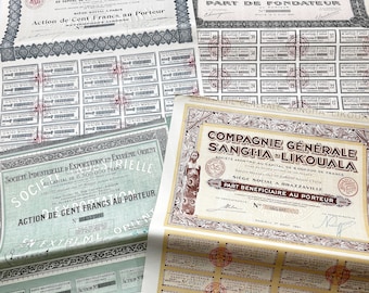 1920s - 4 huge and decorative bearer shares of French companies with many bearer bonds