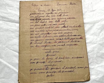 Década de 1920 - Cuaderno escolar francés auténtico - Diario manuscrito de una joven - Lecciones diarias - Material efímero de la historia francesa