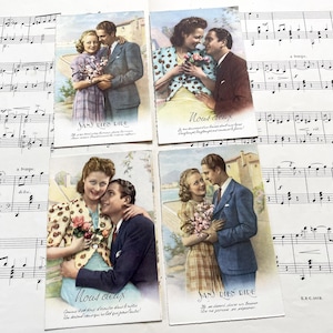 1950s - Set of 4 Vintage French Romantic Postcards – "Nous Deux" & "Sans Dire Adieu"  – Colorized Love Couple RPPCs