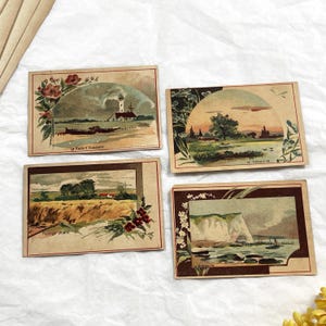 Década de 1900 - Juego de 4 tarjetas comerciales francesas antiguas – Williot Fils Chicory – Paisajes ilustrados – c. 1900