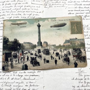1910s - Paris postcard - Place de la Bastille Street Scene - Airships & Early Automobiles