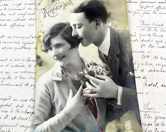 Antique Romantic Postcard Couple Scene Sepia Tone Handwritten