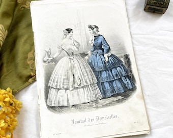 1850s - Rare French Journal des Demoiselles Fashion Plate - Antique Hand-Colored Engraving - Victorian Costume - Parisian Chic