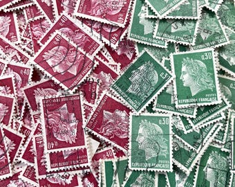 Década de 1960 - Juego de 50 sellos Marianne de Cheffer rojos o verdes - Sellos franceses con matasellos de las décadas de 1960 y 1970