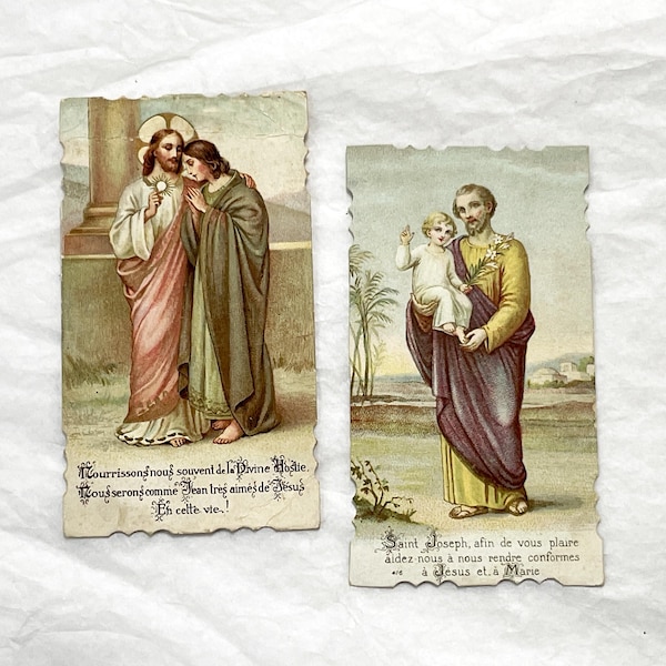 1900-talet - 2 vintage franska religiösa heliga kort - Jesus andaktsfullt kort - katolsk bönekonst samlarobjekt - antikt trosminnessak
