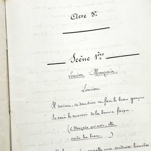 Final do século XIX - Roteiro de 30 páginas de uma peça em francês - Roteiro antigo de teatro francês manuscrito - Livro de peças manuscritas com algumas correções