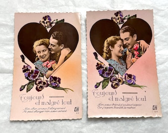 1940s - French Romantic Postcards Lot - Couple in Heart - Pansies