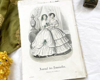 1850s - Journal des Demoiselles Fashion Plate - French Victorian Gown Engraving - Elegant Ladies - Parisian Boudoir Chic