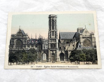 Década de 1900 - Postal vintage de París - Iglesia histórica Église Saint-Germain-l'Auxerrois - Vista histórica de la arquitectura gótica francesa