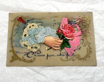Década de 1900 - Postal floral francesa - Diseño con purpurina en relieve
