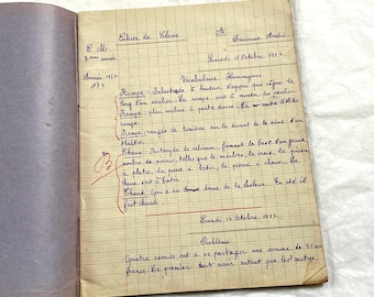 Década de 1920 - Cuaderno escolar francés - Ejercicios manuscritos de una niña - Material educativo antiguo - Historia