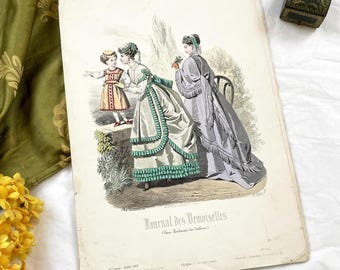 1860s - Original French Fashion Plate - Journal des Demoiselles - Victorian Era Hand-Colored Costume Print - Parisian Retailers