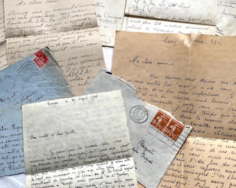 Década de 1930 - Lote de objetos efímeros franceses - Cartas y sobres antiguos escritos a mano