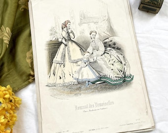1860s - Exquisite Parisian 'Journal des Demoiselles' Fashion Plate - Original Antique French Women's Crinoline Era Print, March 1865