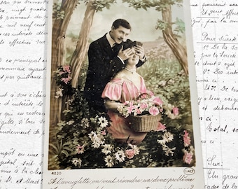 1910s - Romantic French Tinted Postcard - Antique Edwardian Era Couple Playing Guess Who - Vintage Love Sentiment - Collectible Ephemera