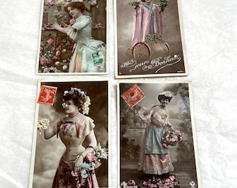 1910s - French Postcard - Elegant Lady with Flowers
