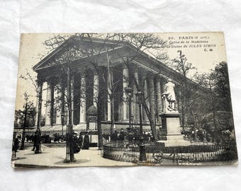 1910s - Historic Paris Postcard - Eglise De La Madeleine - Jules Simon Statue - French Landmark - Early 20th Century Street View