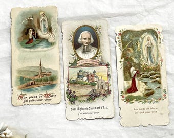 1900s - 3 Vintage French Religious Holy Cards - Saint Jean Marie Vianney Lourdes Shrine Prayer Images - Catholic Devotional Ephemera Set